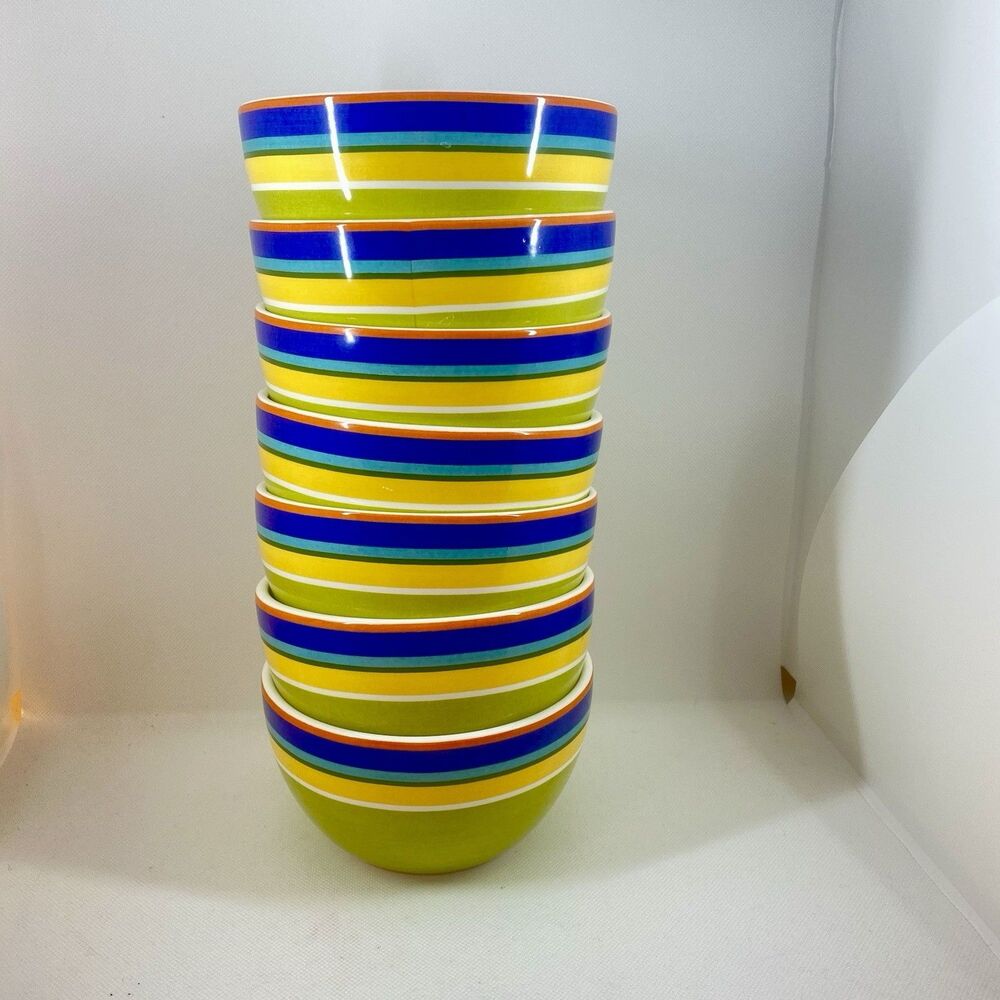 Set of 7 Pier 1 Imports Summer Stripes 5.5” Cereal Soup Bowls